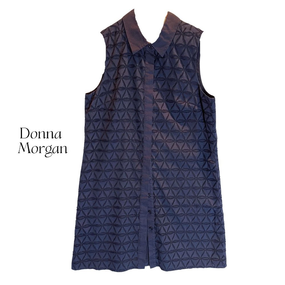 DONNA MORGAN NAVY GEO BURNOUT SHIRT DRESS TAILORED SHIFT DRESS, TRIANGLE MOTIF 8 - Picture 2 of 3